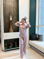 Velure Glossy Fur Night Suit - Velure - - Collar Neck, Detail-plainfur, Front Button Open, Full Length Pant, Full Sleeves, Fur, Satin