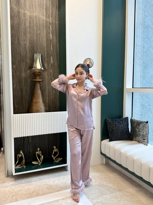 Velure Glossy Fur Night Suit - Velure - - Collar Neck, Detail-plainfur, Front Button Open, Full Length Pant, Full Sleeves, Fur, Satin