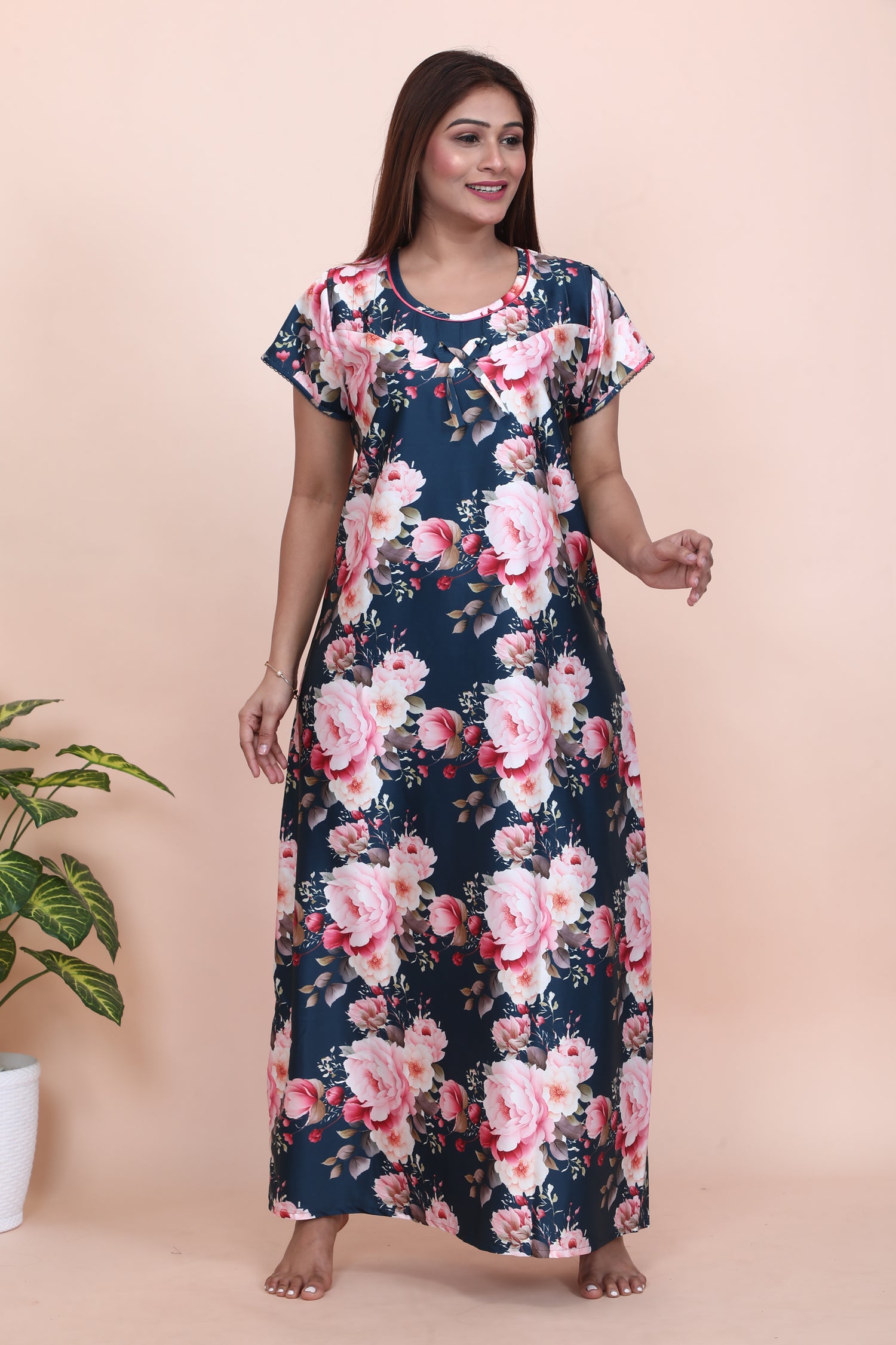 Velure Pleasing Floral Print Satin Nighty - Velure - - Floral Print, Half Sleeves Nighty, Satin