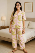 Velure Charming Floral Cotton Night Suit - Velure - - 3/4 Sleeves, Collar Neck, Cotton, Floral Print, Front Button Open, Full Length Pant