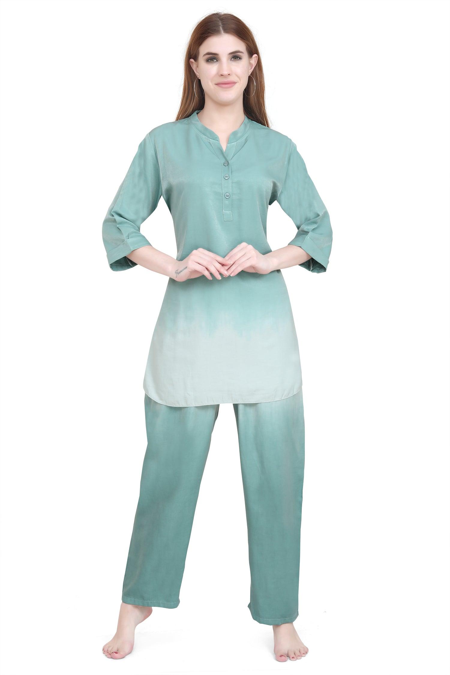 Velure Stunning Green Dual Shade Kurti Style Night Suit - Velure - Long Top and Pant - 3/4 Sleeves, Collar Neck, Cotton, Front Button Open, Full Length Pant