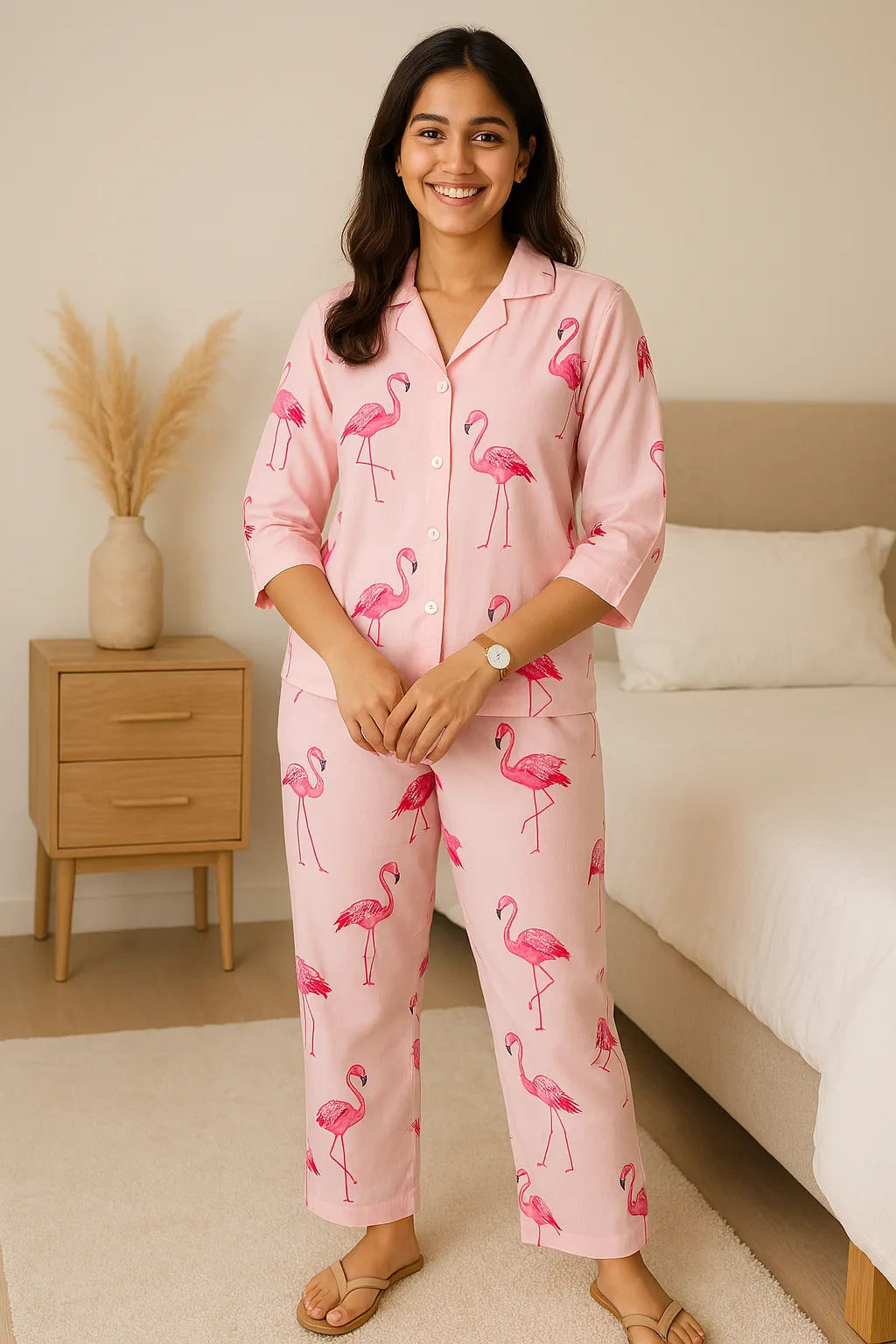 Velure Adorable Pink Flamingo Print Cotton Night Suit