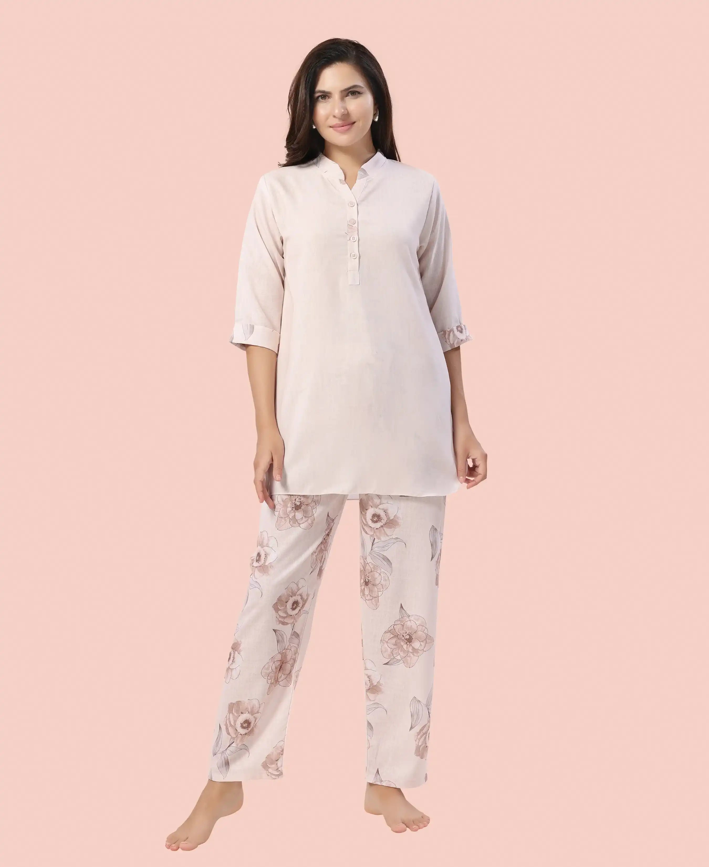 Velure Grace Floral Print Kurti Style Night Suit - Velure - - 3/4 Sleeves, Collar Neck, Full Length Pant, Linen, Printed