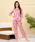 Velure Chic Flotal Print Satin Night Suit - Velure - - 3/4 Sleeves, Collar Neck, Floral Print, Front Button Open, Full Length Pant, Satin