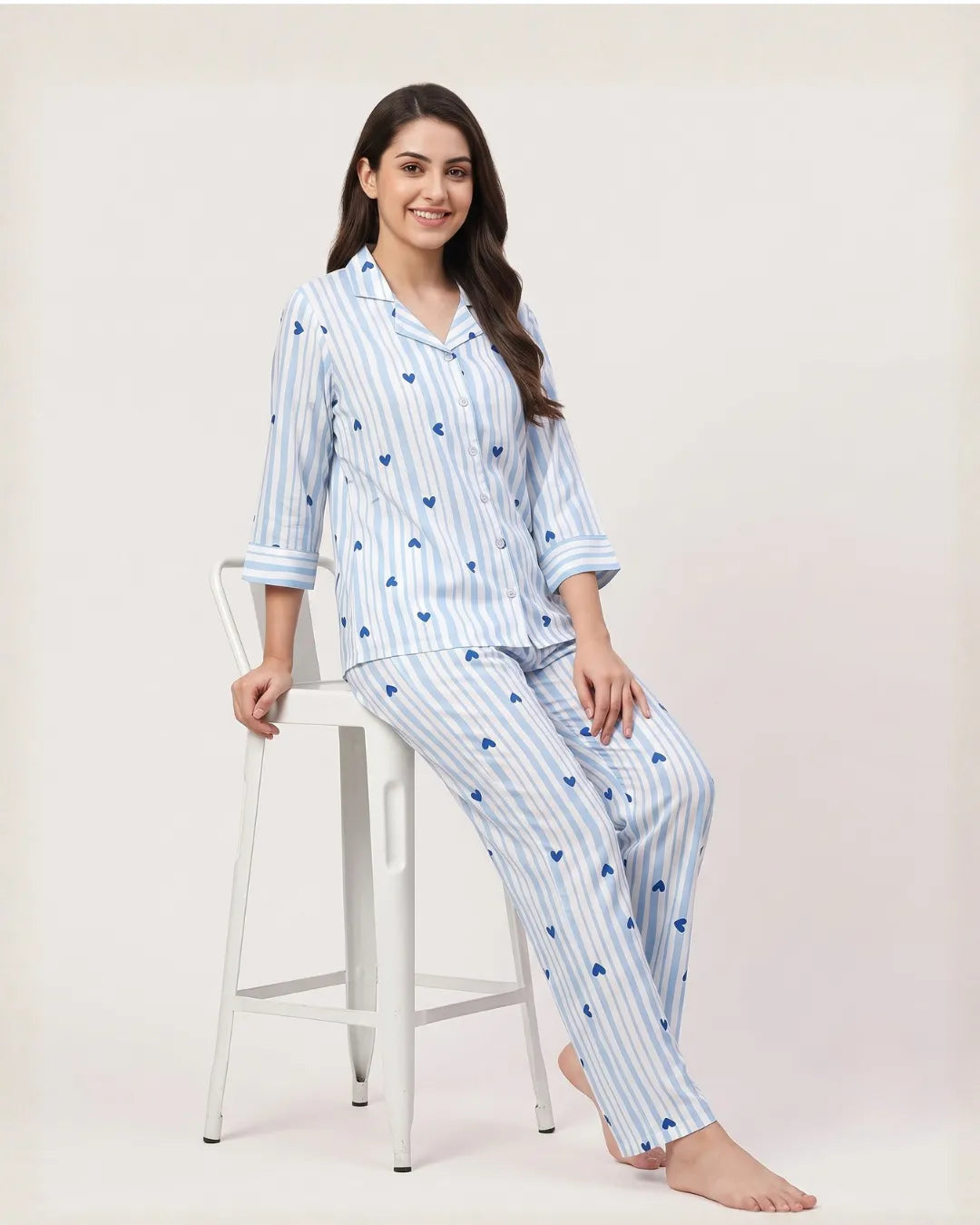 Velure Blue Heart Stripe Print  Night Suit
