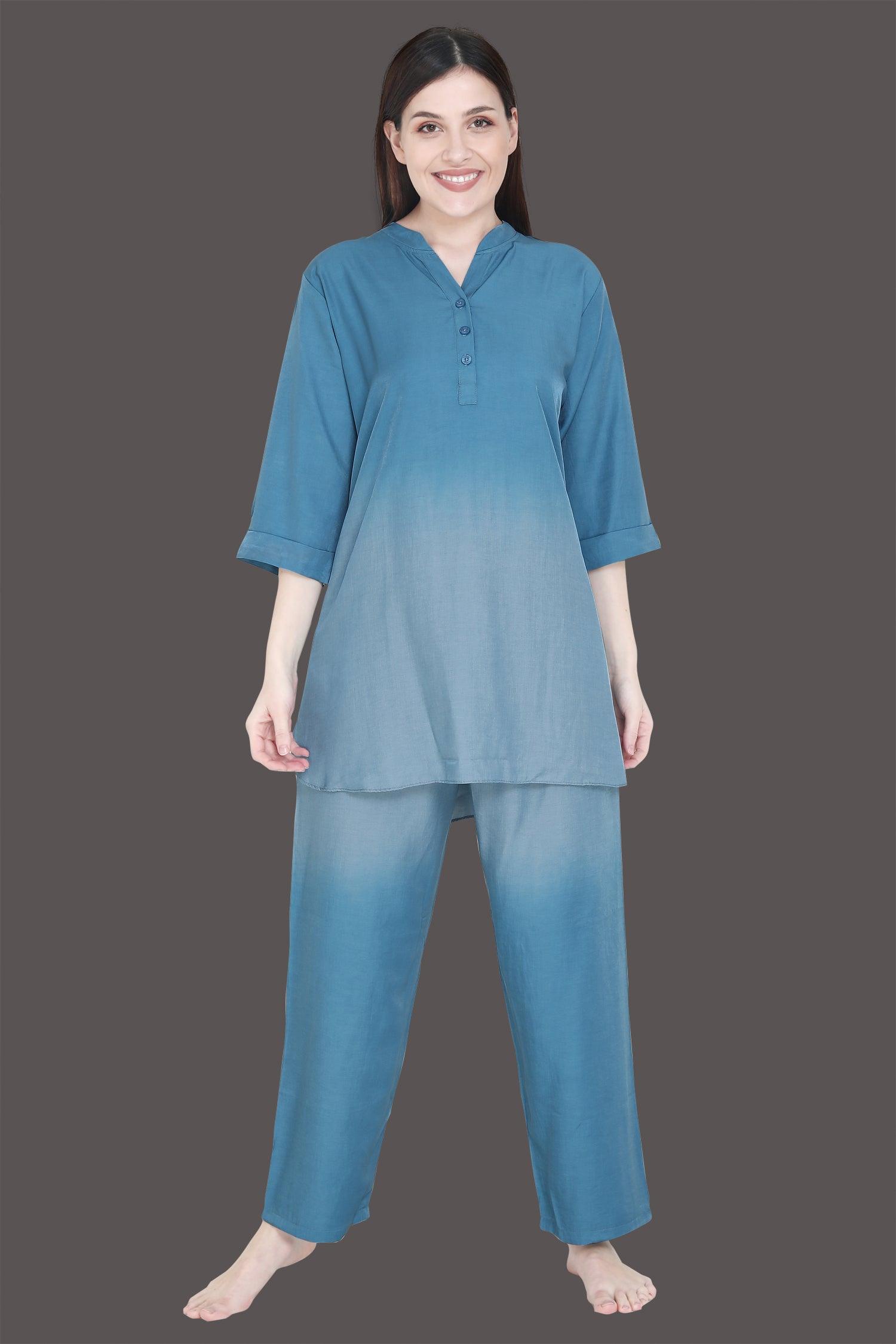 Velure Delightful Teal-Blue Dual Shade Kurti Style Night Suit - Velure - Long Top and Pant - 3/4 Sleeves, Collar Neck, Cotton, Front Button Open, Full Length Pant