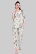 Velure Elegant Rose Print Frock-Style Night Suit - Velure - - 3/4 Sleeves, Floral Print, Frock Style, Full Length Pant, Linen, V Neck