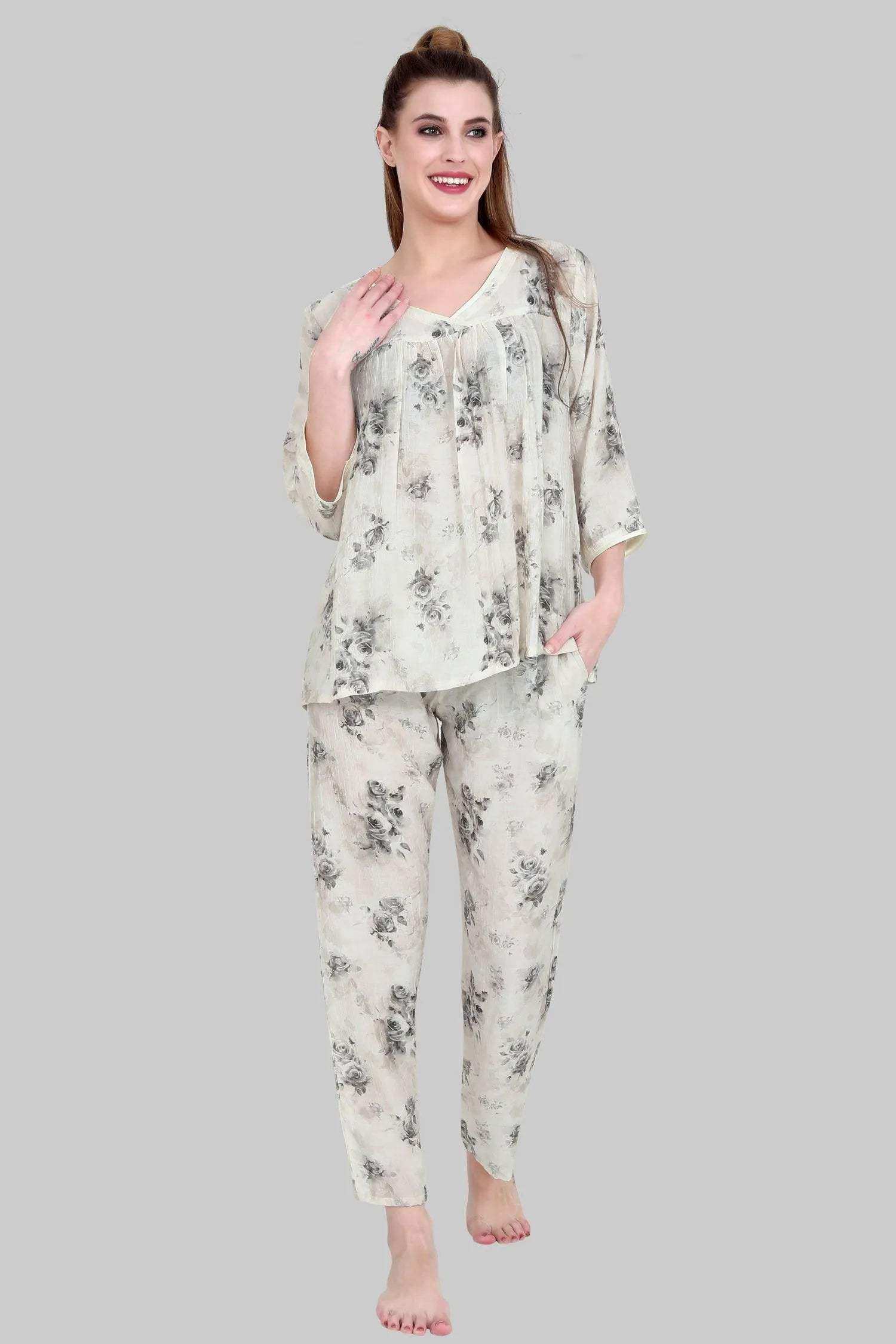 Velure Elegant Rose Print Frock-Style Night Suit - Velure - - 3/4 Sleeves, Floral Print, Frock Style, Full Length Pant, Linen, V Neck