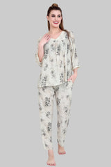 Velure Elegant Rose Print Frock-Style Night Suit - Velure - Long Top and Pant - 3/4 Sleeves, Floral Print, Frock Style, Full Length Pant, Linen, V Neck