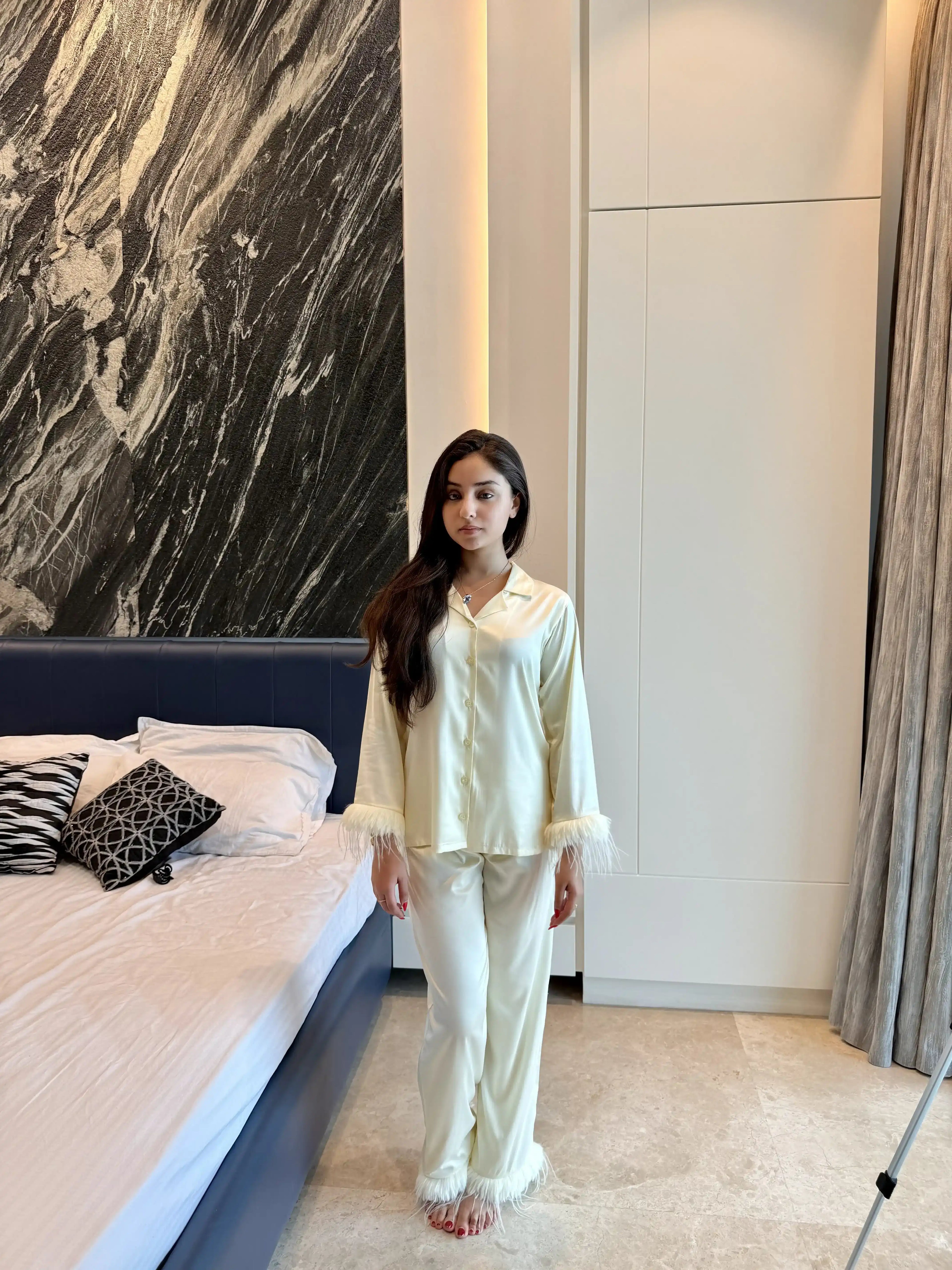 Velure Cheerful Fur Satin Night Suit - Velure - Shirt and Pant - 3/4 Sleeves, Collar Neck, Detail-plainfur, Front Button Open, Full Length Pant, Satin