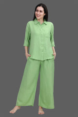 Velure Green Palazzo Co-ord Set - Velure - Shirt and Pant - 3/4 Sleeves, Collar Neck, Front Button Open, Full Length Pant, Linen