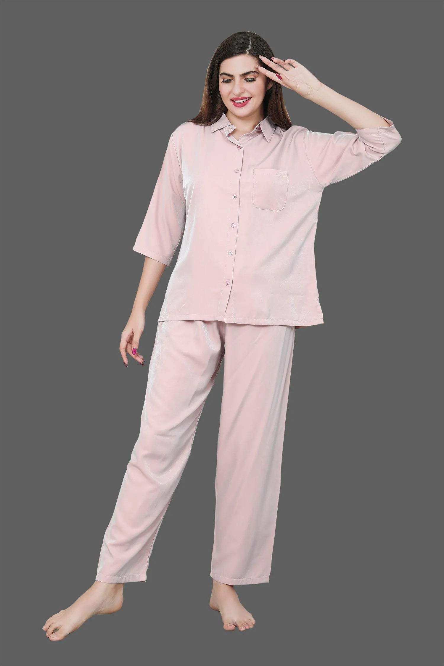 Velure Casual Co-ord Set - Velure - - 3/4 Sleeves, Collar Neck, Front Button Open, Full Length Pant