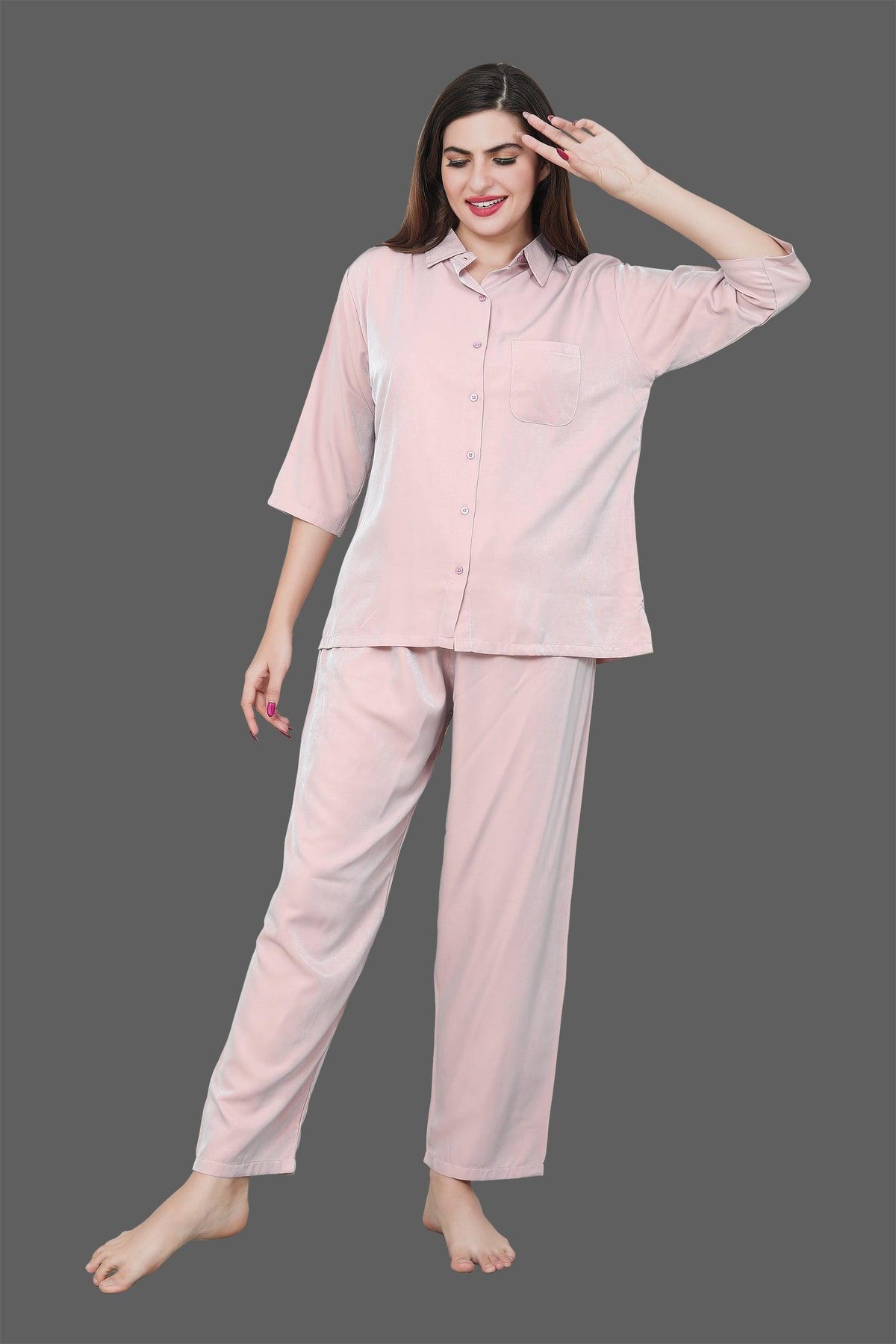 Velure Casual Co-ord Set - Velure - Co-ord Sets - 3/4 Sleeves, Collar Neck, Front Button Open, Full Length Pant