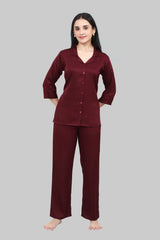 Velure Casual Maroon Satin Night Suit - Velure, , Boost your sleepwear collection with the Velure Casual Maroon Night Suit. Crafted from soft satin fabric, it provides a gentle and comforting feel against the skin. The printed pattern adds an extra touch of charm. This night suit is the perfect blend of style and comfort, making it a great addition to your sleepwear collection.