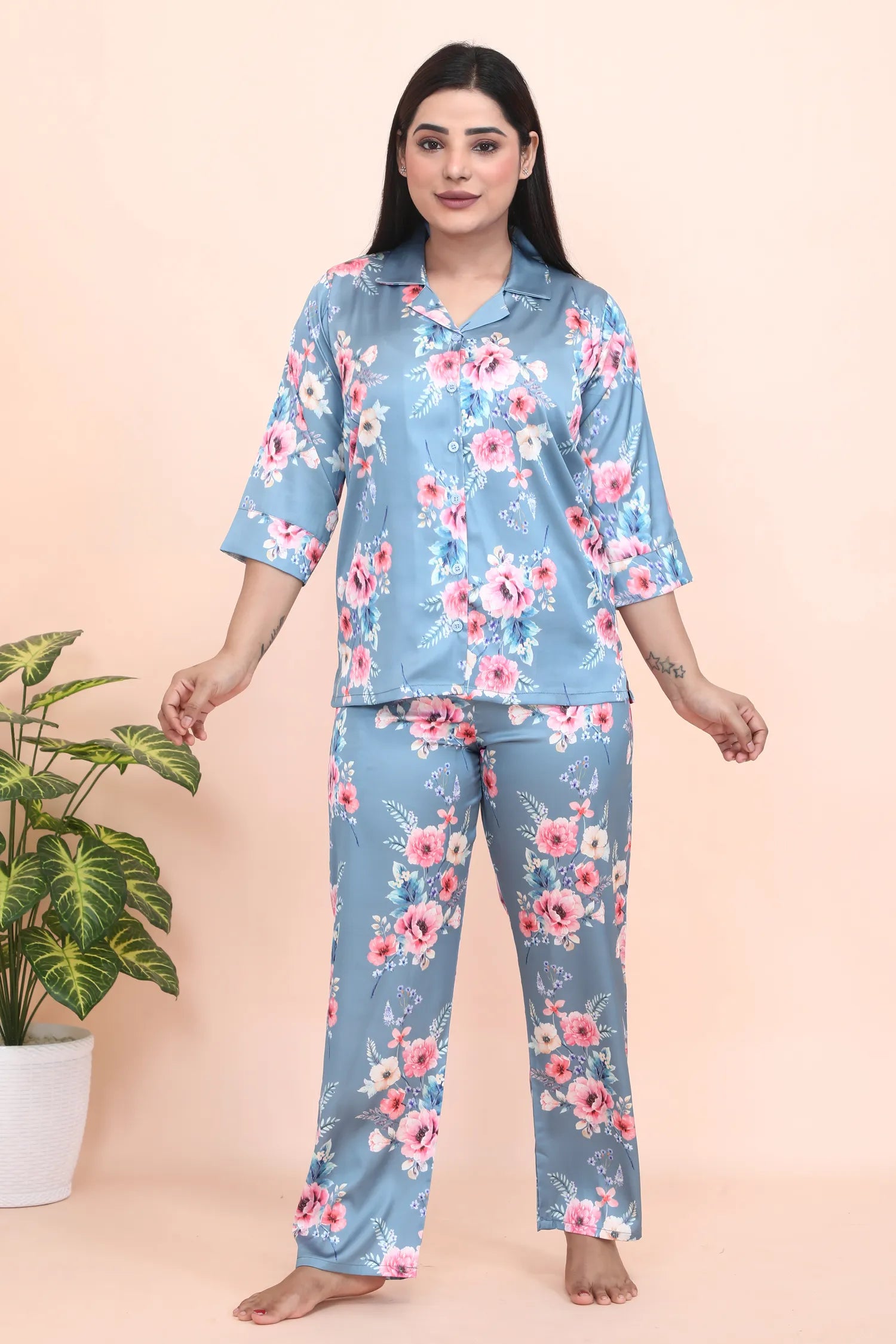 Velure Classic Elegant Floral Print Night Suit - Velure - - 3/4 Sleeves, Collar Neck, Floral Print, Front Button Open, Full Length Pant, Satin