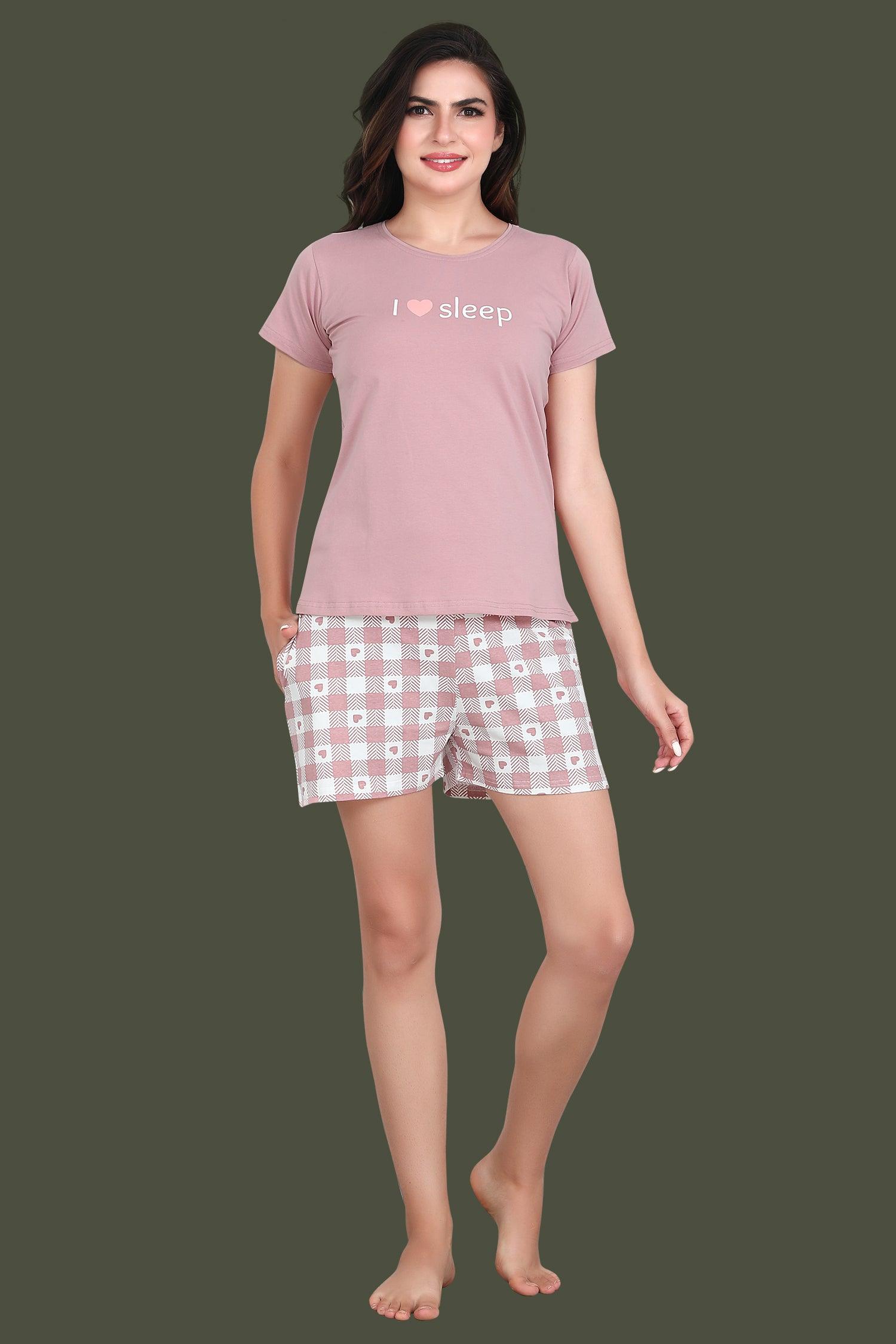 Velure Classic I Love Sleep Shorts Set - Velure - Short sets - Cotton Lycra Fabric, Half Sleeves, Printed, Round neck