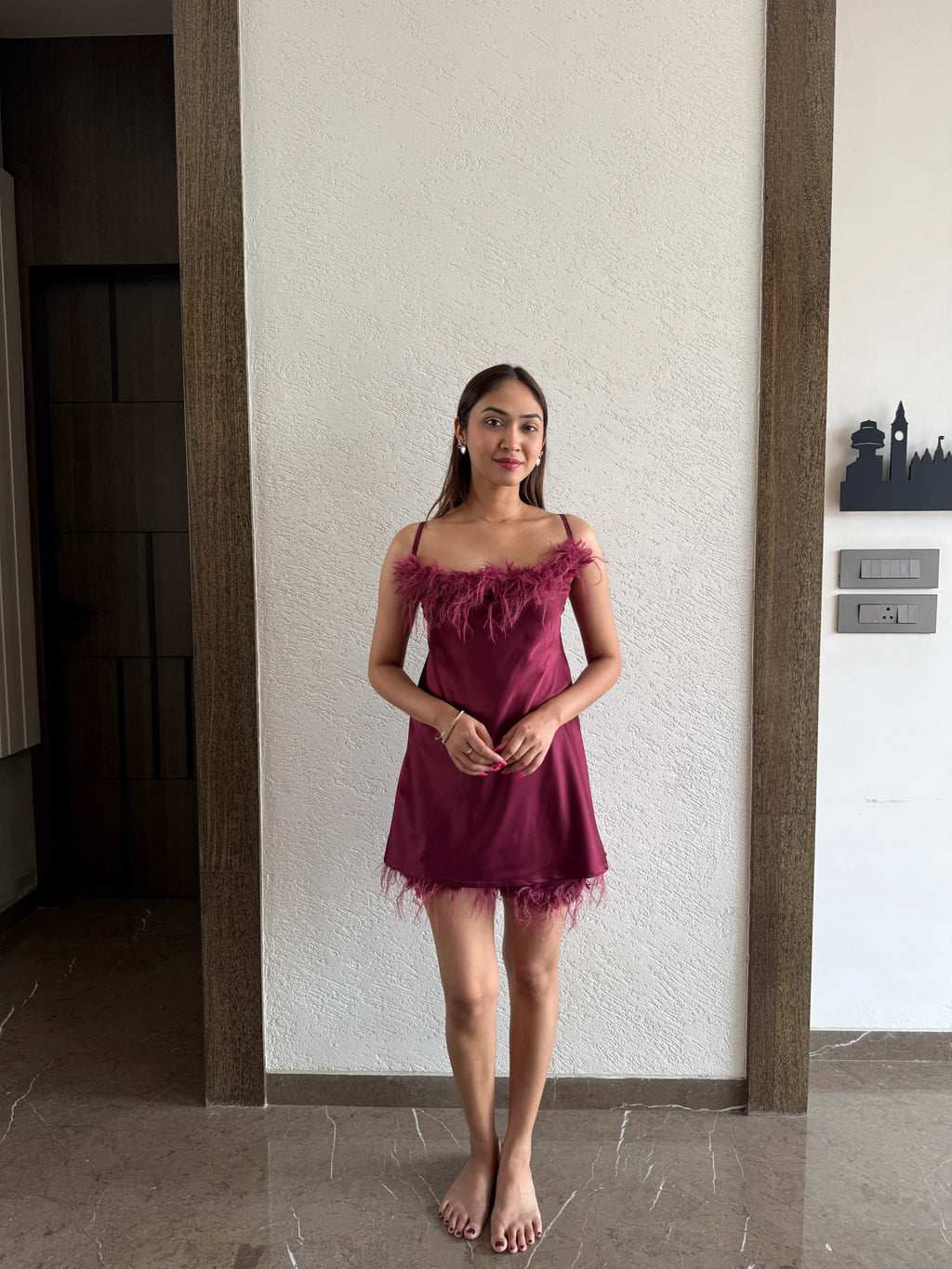 Velure Feathery Maroon Spaghetti Shorts Set