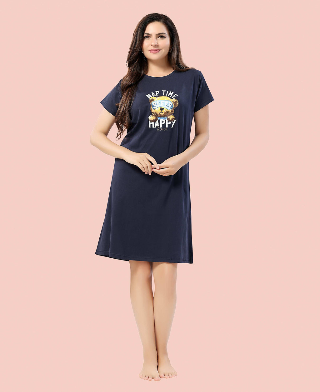 Velure Cute Teddy Bear Nap Time Short Nighty - Velure - - Cotton, Half Sleeves, Knee Length, Printed, Round neck