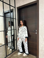 Velure Fashionable Black Heart Fur Print Night Suit - Velure - - Detail-printedfur, Front Button Open, Full Length Pant, Fur, Satin