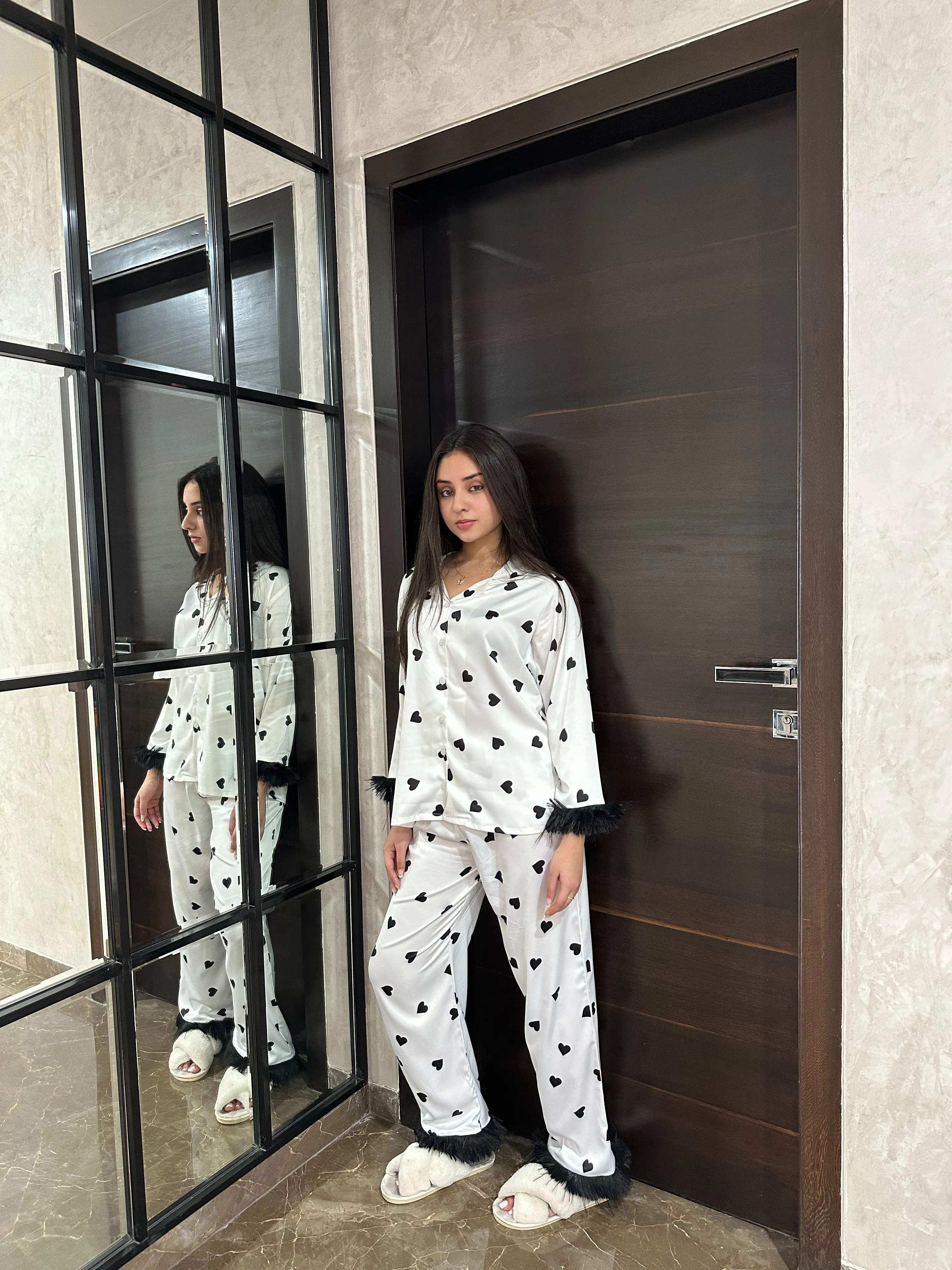 Velure Fashionable Black Heart Fur Print Night Suit - Velure - - Detail-printedfur, Front Button Open, Full Length Pant, Fur, Satin