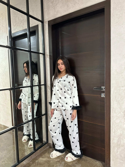 Velure Fashionable Black Fur Heart Print Night Suit - Velure - - Front Button Open, Full Length Pant, Fur, Satin