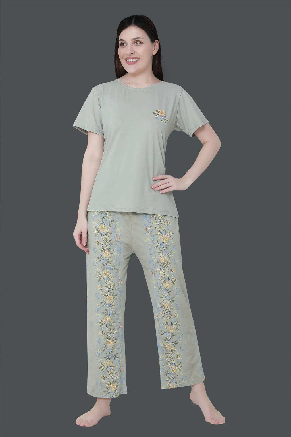 Velure Tunic Blossom Print Pajama Set - Velure - - Cotton, Floral Print, Full Length Pant, Half Sleeves, Round neck nightsuit