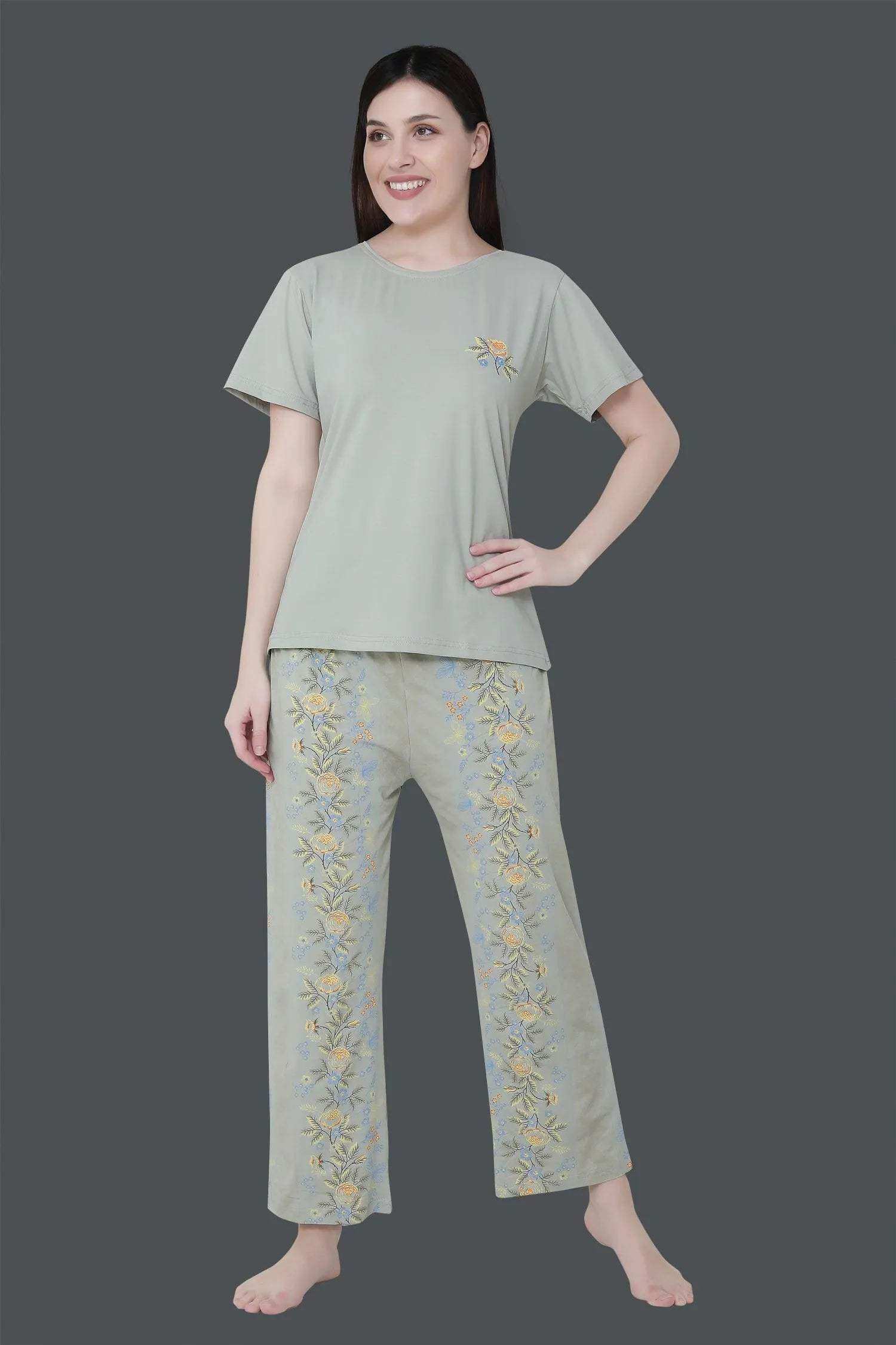 Velure Tunic Blossom Print Pajama Set - Velure - - Cotton, Floral Print, Full Length Pant, Half Sleeves, Round neck nightsuit
