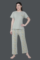 Velure Tunic Blossom Print Pajama Set - Velure - T-Shirt and Pant - Cotton, Floral Print, Full Length Pant, Half Sleeves, Round neck nightsuit