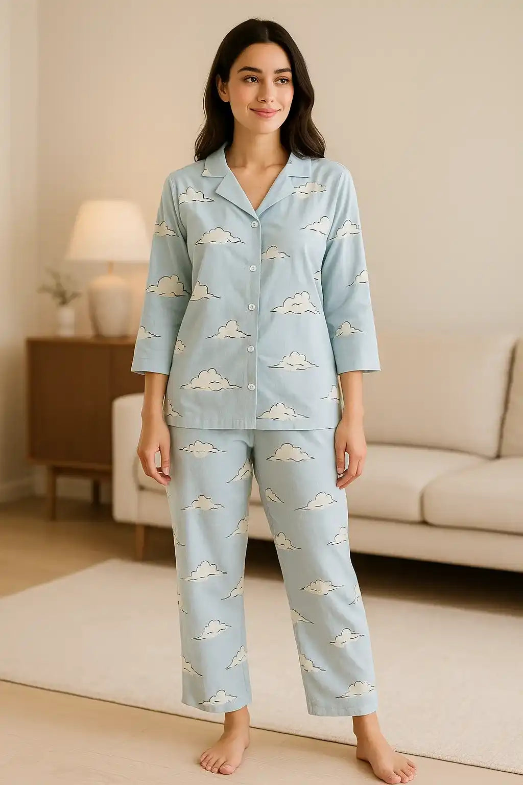 Velure Classic Grey Cloud Print Cotton Night Suit - Velure - - 3/4 Sleeves, Collar Neck, Cotton, Front Button Open, Full Length Pant