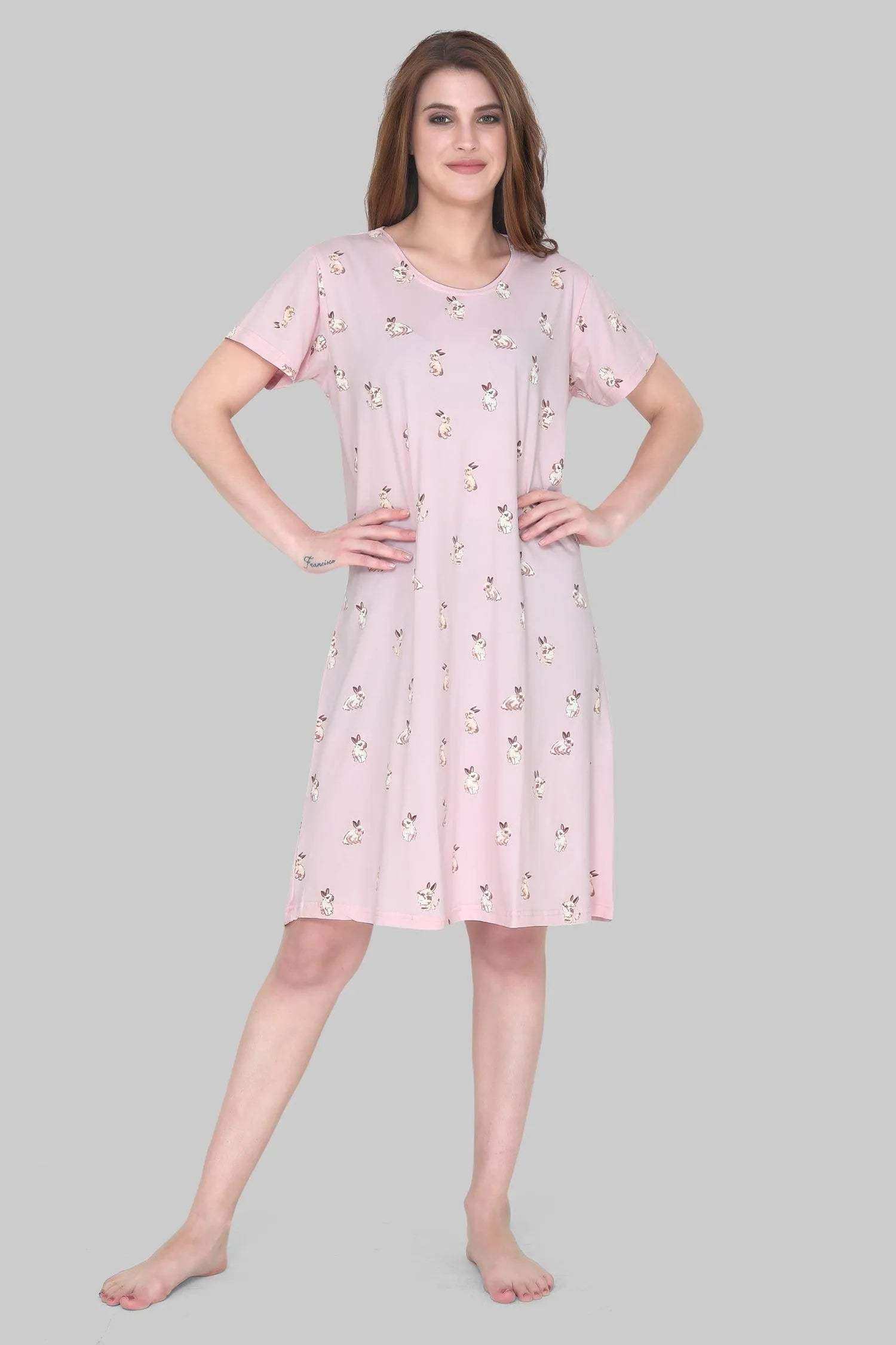 Velure Cute Bunny Print Short Nighty - Velure - - Cotton, Half Sleeves, Knee Length, Printed, Round neck