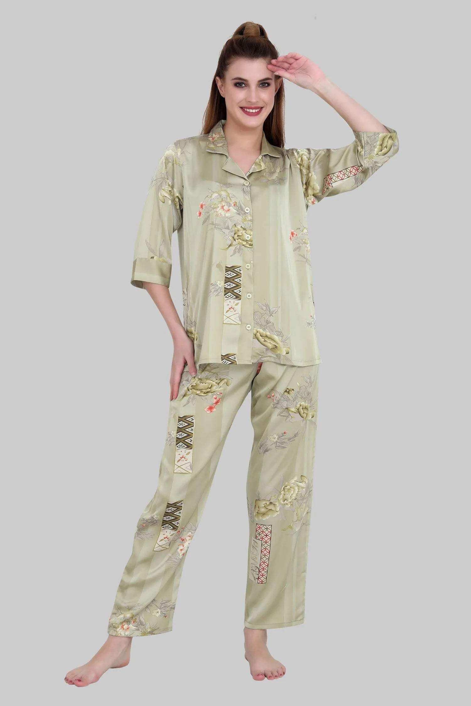 Velure Embellished Floral Print Satin Night Suit - Velure - - 3/4 Sleeves, Collar Neck, Floral Print, Front Button Open, Full Length Pant