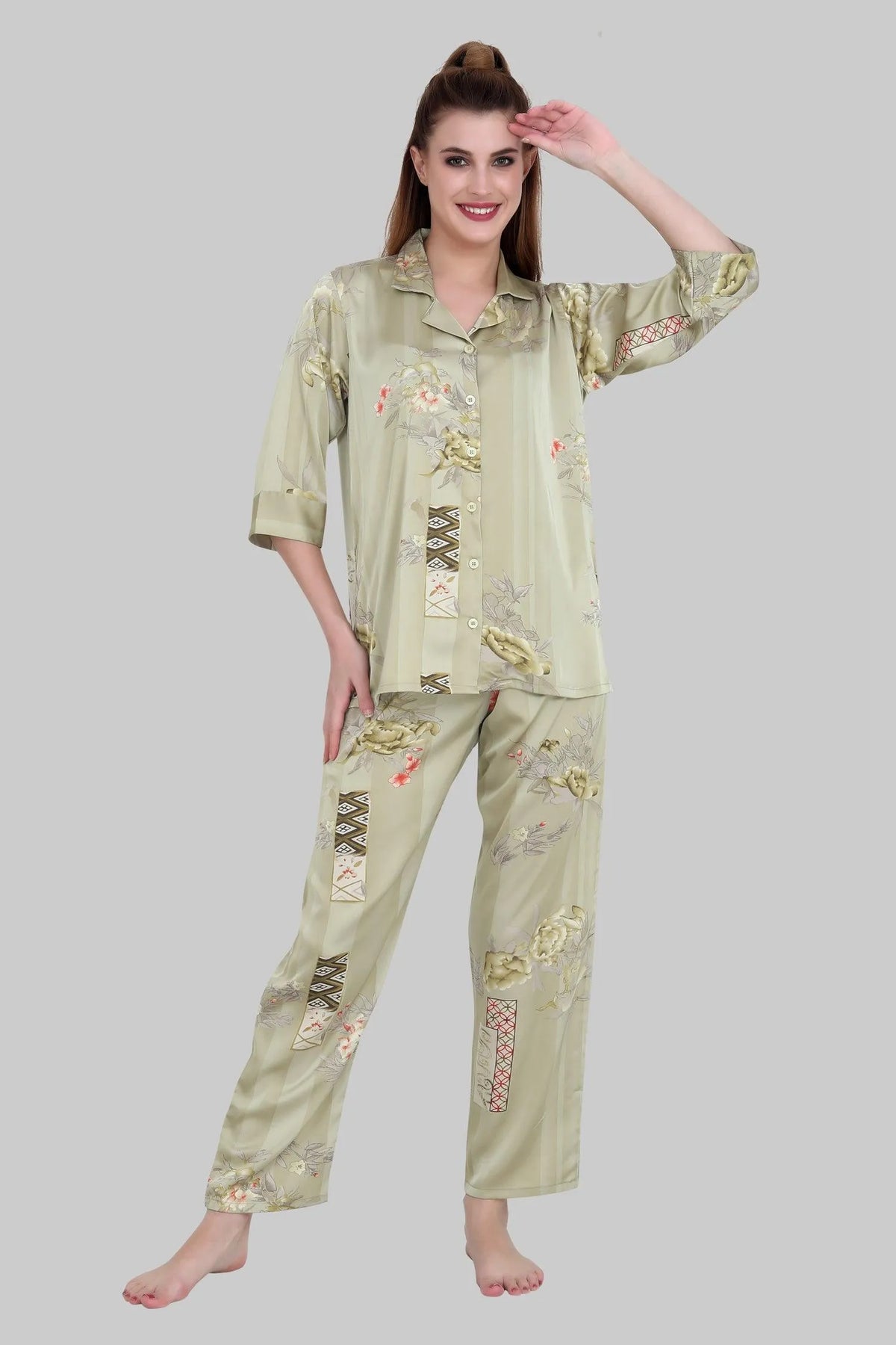 Velure Embellished Floral Print Satin Night Suit - Velure, Shirt and Pant, A perfect balance of style and comfort, this mint-green floral night suit from Velure will be a great addition to your wardrobe. Tailored to perfection from premium satin fabric, it assures a soft and soothing touch against the skin. The satin collar adds a touch of elegance and sophistication to the overall look.