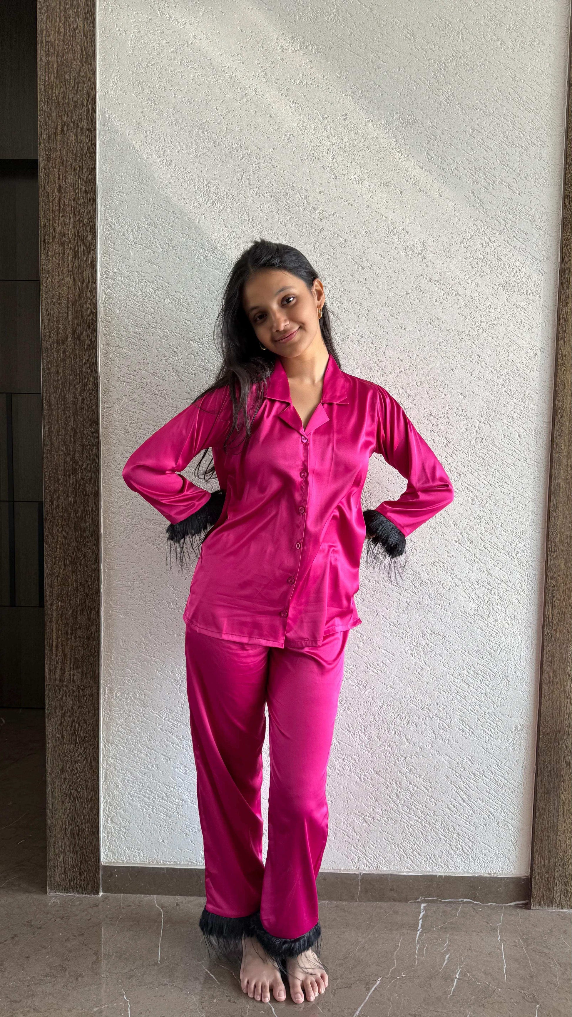 Velure Sparkling Rose Pink Fur Satin Night Suit - Velure - Shirt and Pant - Collar Neck, Front Button Open, Full Length Pant, Full Sleeves, Fur, Satin