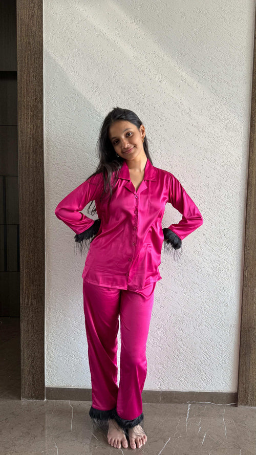 Velure Sparkling Rose Pink Fur Satin Night Suit - Velure - - Collar Neck, Front Button Open, Full Length Pant, Full Sleeves, Fur, Satin
