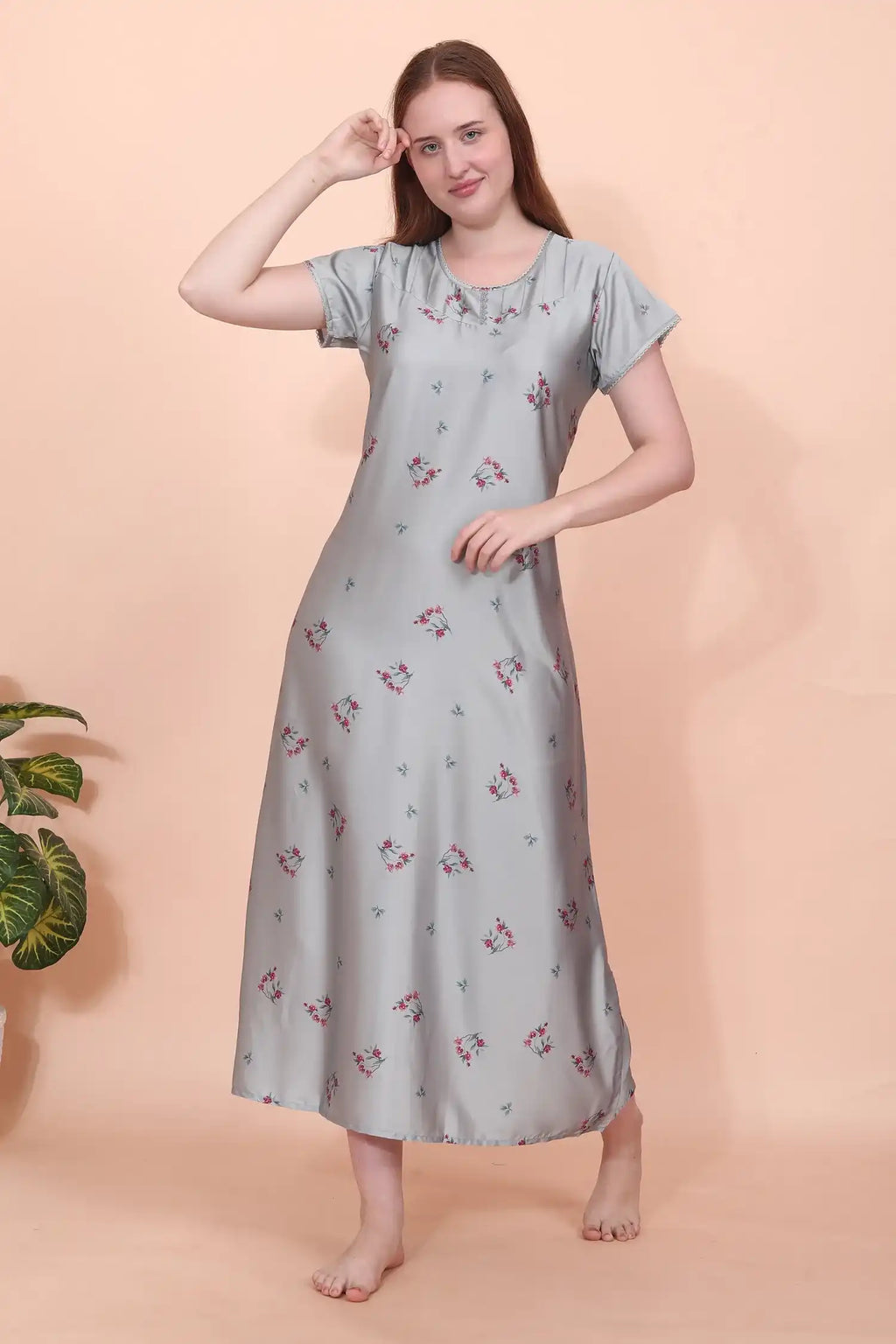 Velure Glossy Grey Floral Satin Nighty