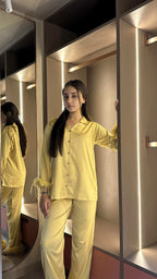 Velure Dazzling Golden Fur Night Suit - Velure - - Collar Neck, Detail-plainfur, Front Button Open, Full Length Pant, Full Sleeves, Fur, Satin