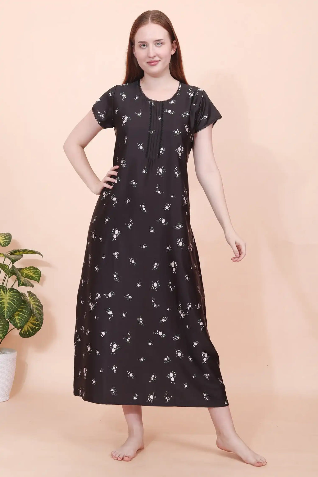 Velure Black Floral Satin Nighty