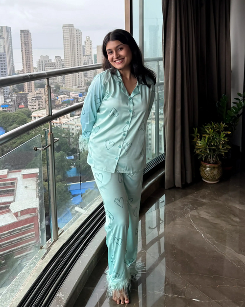 Velure Soothing Green Heart Fur Satin Sleepwear Set - Velure - - Front Button Open, Full Length Pant, Fur, Satin