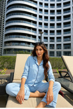 Velure Blue Cotton Grace 
Night Suit - Velure - - 3/4 Sleeves, Collar Neck, Cotton, Detail-scallop, Front Button Open, Full Length Pant