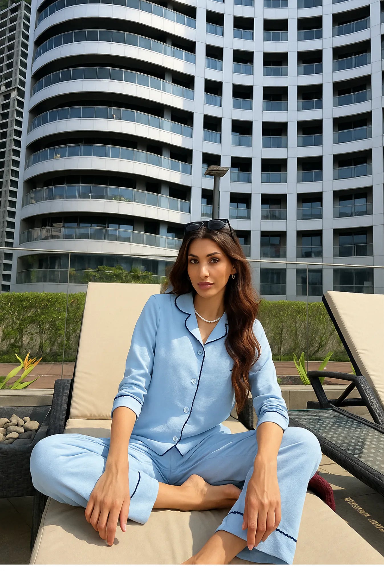 Velure Blue Cotton Grace 
Night Suit - Velure - - 3/4 Sleeves, Collar Neck, Cotton, Detail-scallop, Front Button Open, Full Length Pant