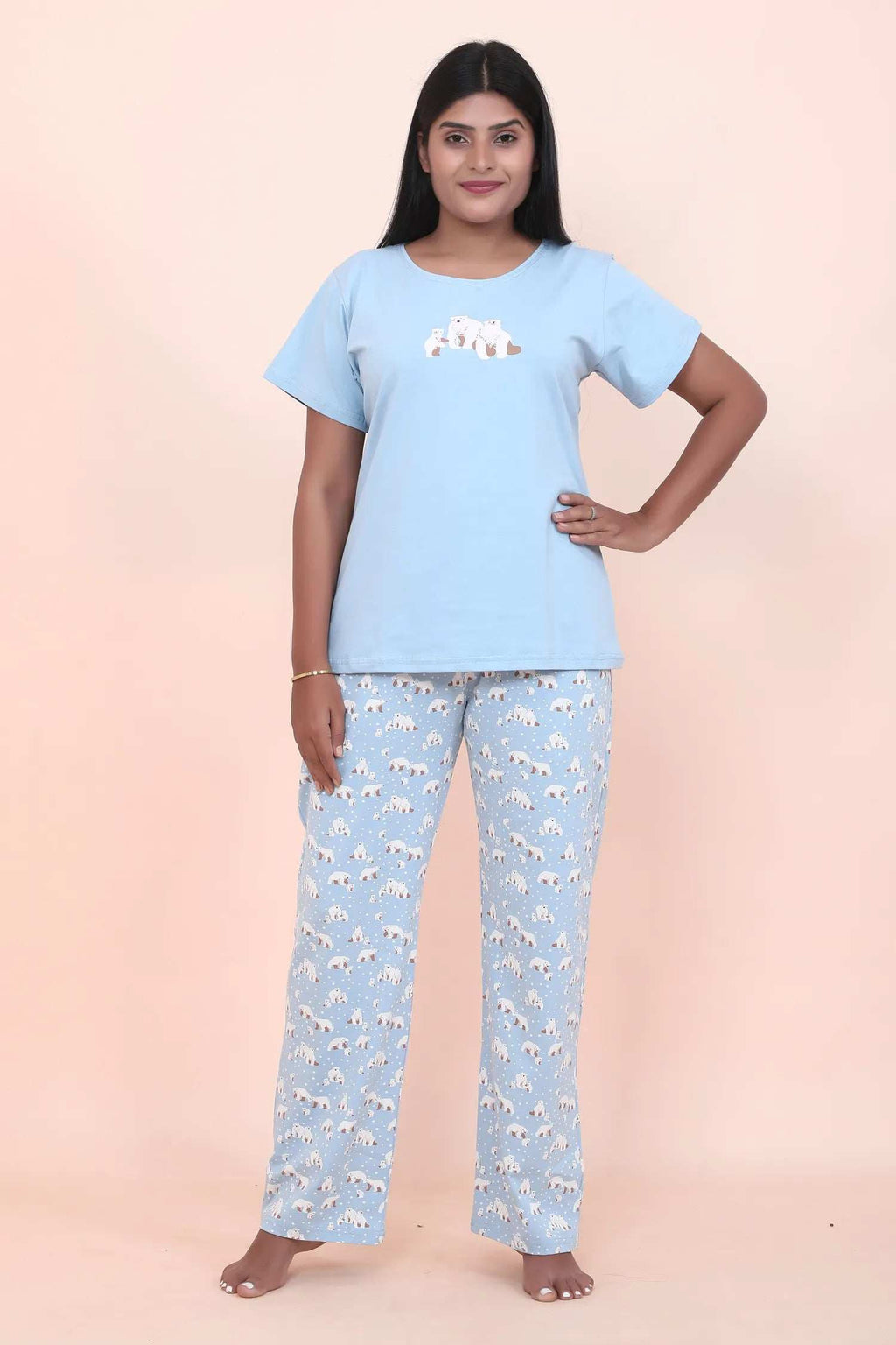 Velure Cute Cartoon Polar Bear Printed Pajama Set - Velure - - Cotton Lycra Fabric, Full Length Pant, Half Sleeves, Round neck nightsuit