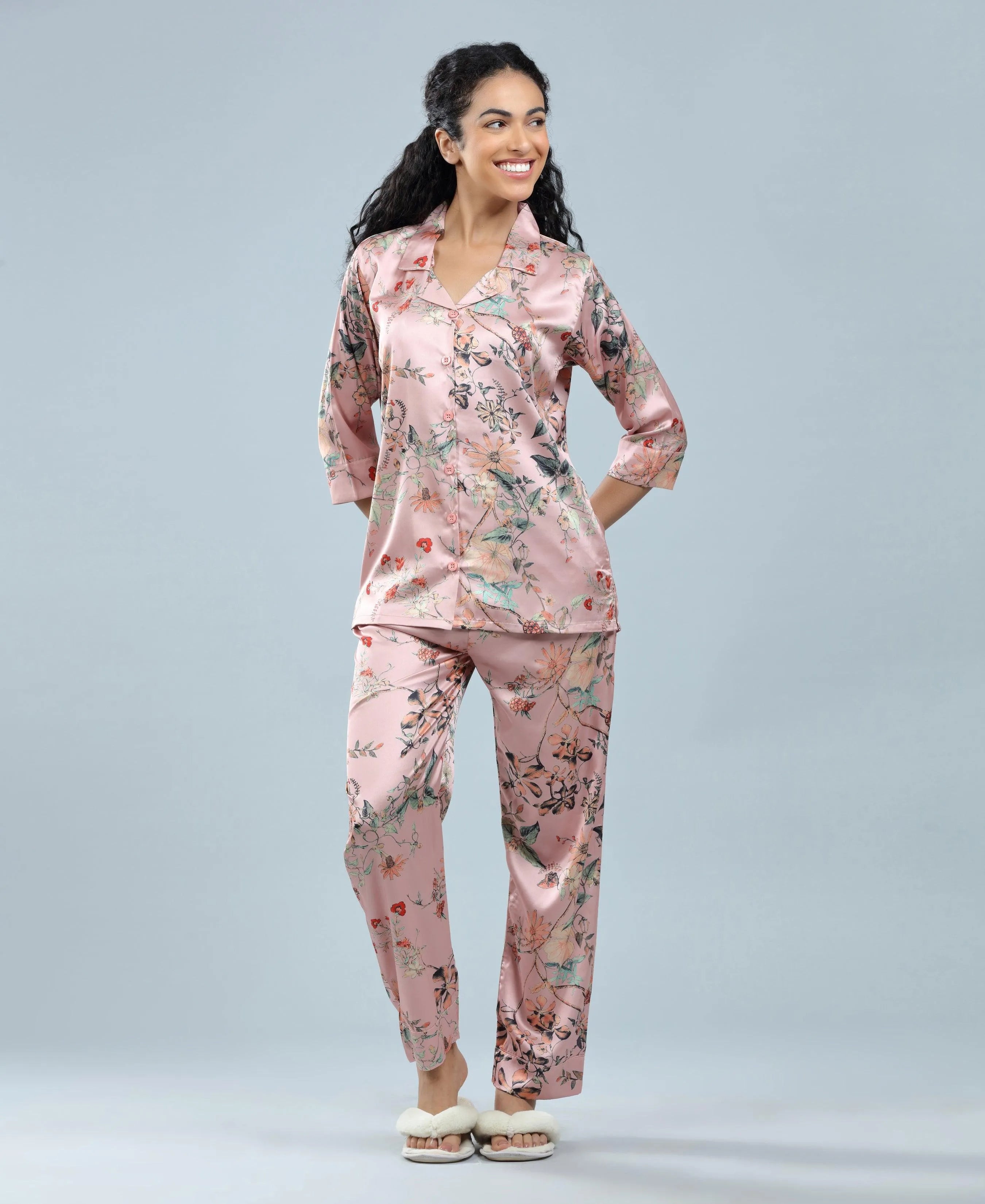 Velure Floral Print Satin Night Suit - Velure, Shirt and Pant, Unwind in style with Velure's Floral Print Satin Night Suit. Made from soft satin fabric, it features a beautiful floral print. The suit includes a shirt with full sleeves and full-length pants with an elastic waistband for a comfortable fit. Perfect for a good night's sleep or lounging.