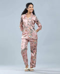 Velure Floral Print Satin Night Suit - Velure - - 3/4 Sleeves, Collar Neck, Floral Print, Front Button Open, Full Length Pant, Satin