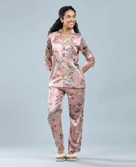 Velure Floral Print Satin Night Suit - Velure, Shirt and Pant, Unwind in style with Velure's Floral Print Satin Night Suit. Made from soft satin fabric, it features a beautiful floral print. The suit includes a shirt with full sleeves and full-length pants with an elastic waistband for a comfortable fit. Perfect for a good night's sleep or lounging.