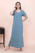 Velure Pleasing Floral Print Hosiery Nighty - Velure - - Floral Print, Full Length Nighty, Gathering Effect, Half Sleeves Nighty, Hosiery Cotton