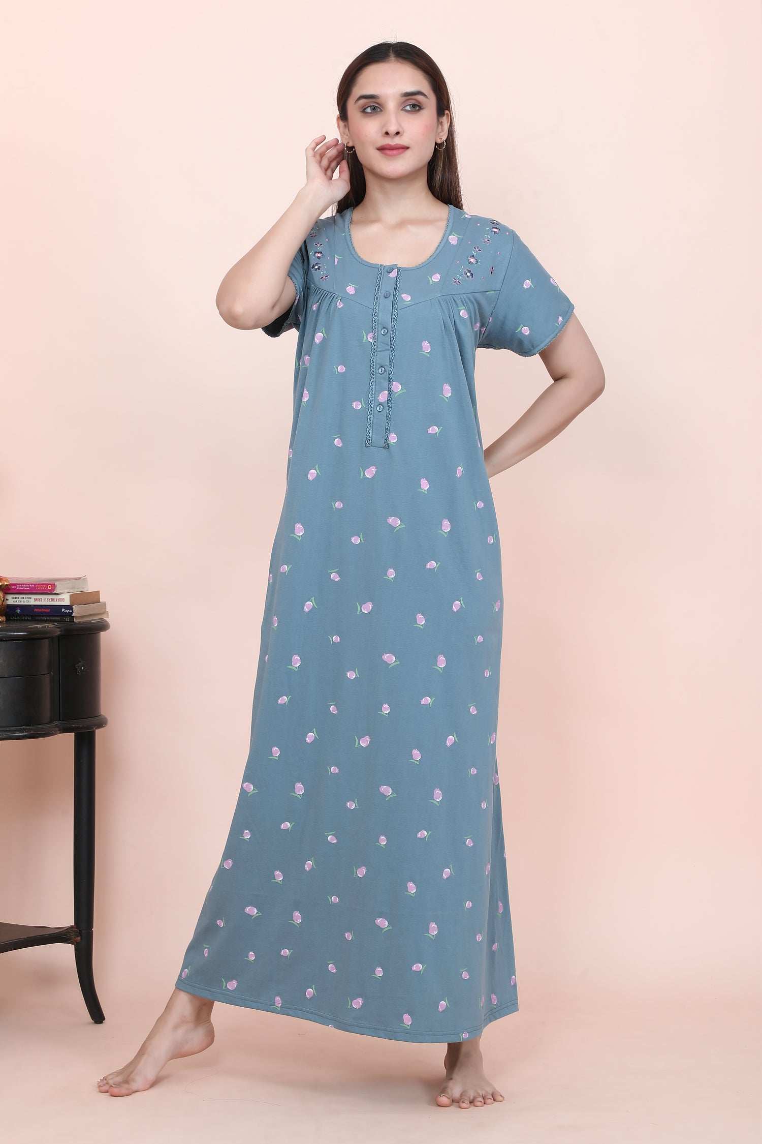Velure Pleasing Floral Print Hosiery Nighty - Velure - - Floral Print, Full Length Nighty, Gathering Effect, Half Sleeves Nighty, Hosiery Cotton