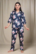 Velure Pleasing Floral Print Satin Night Suit - Velure - - 3/4 Sleeves, Collar Neck, Floral Print, Front Button Open, Full Length Pant, Satin