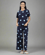 Velure Adorable Heart Print Palazzo Night Suit - Velure - - Full Length Pant, Half Sleeves, Round neck nightsuit