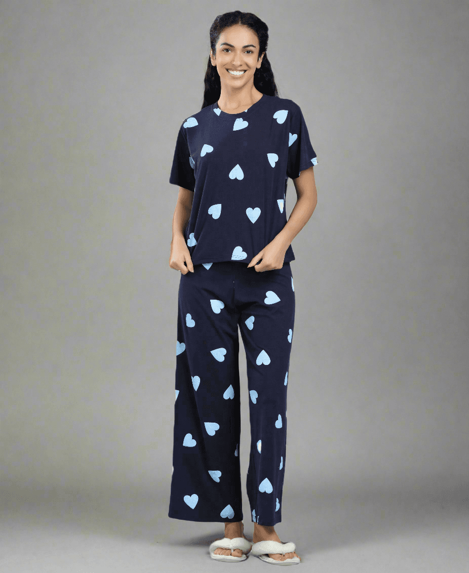 Velure Adorable Heart Print Palazzo Night Suit - Velure - - Full Length Pant, Half Sleeves, Round neck nightsuit