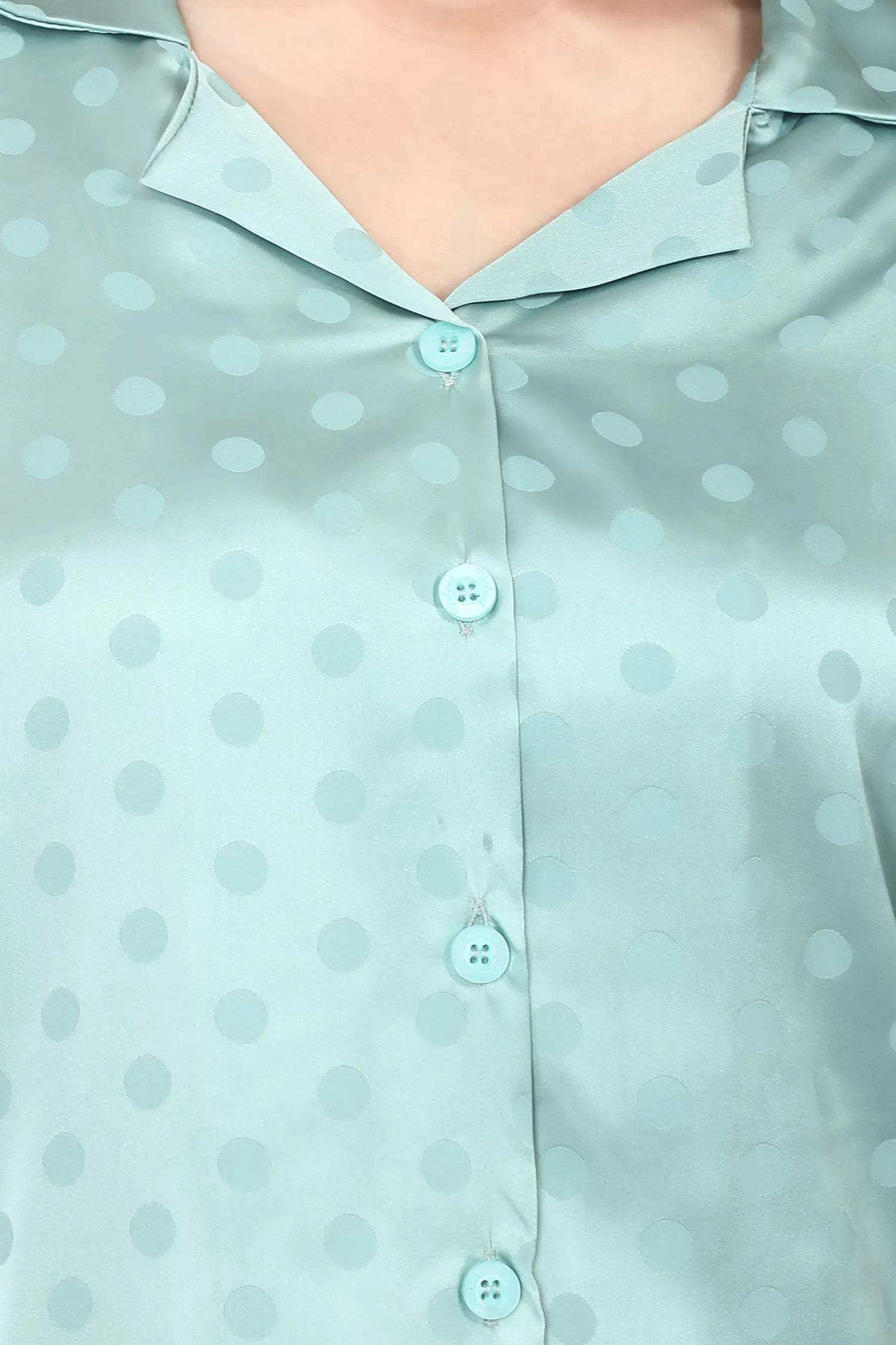 Velure Polka Dot Satin Night Suit - Velure - - 3/4 Sleeves, Collar Neck, Front Button Open, Full Length Pant, Polka Dot, Satin